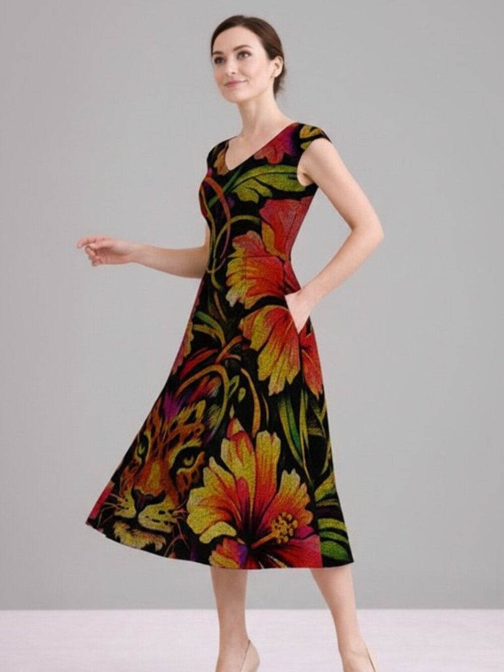 Neon Zoo Chaos: Tropical Surreal Fusion Audrey Fit & Flare Midi Dress Preorder